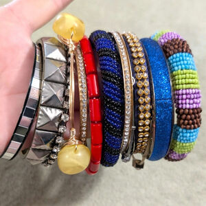 Stack Lot 14 Vintage Beaded Rhinestone‎ Bangles Variety Styles Colors Widths
